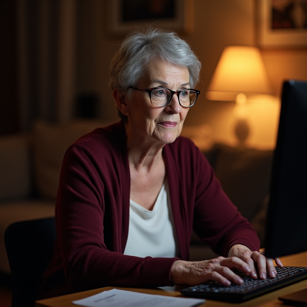 Older adult learning to use a computer with focused concentration