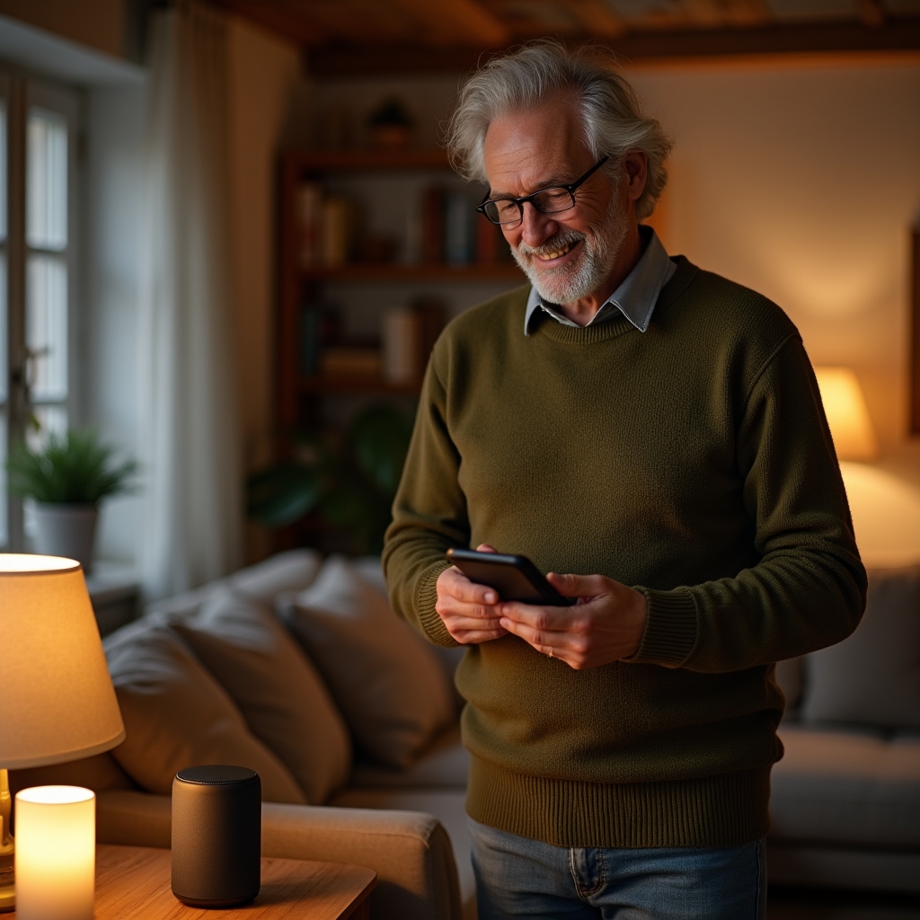 Person using a smartphone and smart home device in a modern living room
