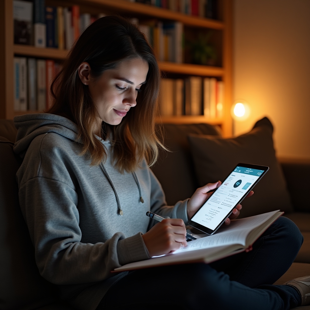 Persoon die aantekeningen en een tabletscherm bekijkt met cursusvoortgang in een thuisstudie-omgeving