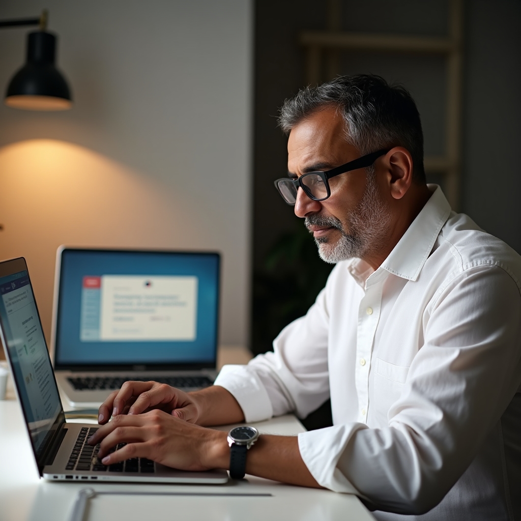 Persoon die internetbankieren bekijkt op een laptop met aandacht voor beveiligingsindicatoren