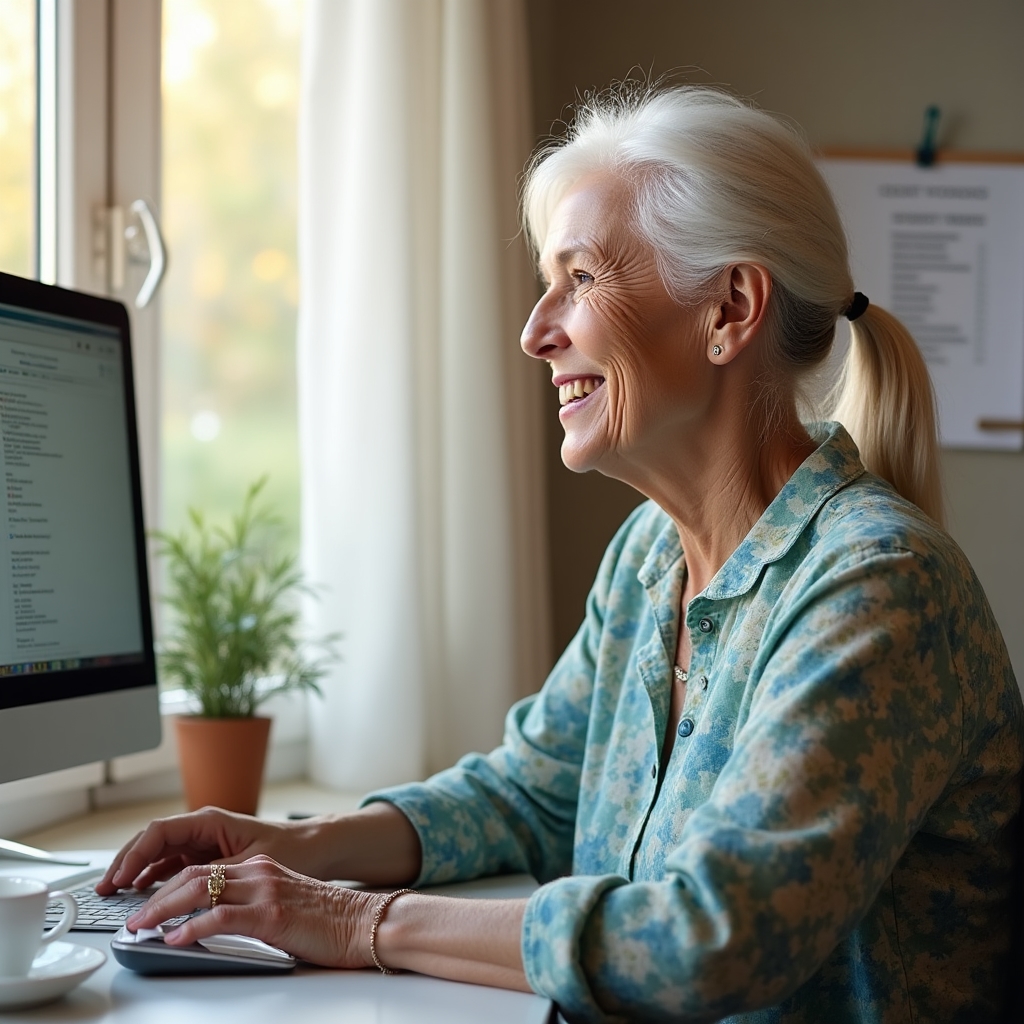 Oudere vrouw die zelfverzekerd e-mail gebruikt op een desktopcomputer thuis