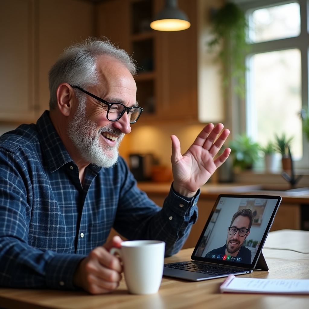 Man van middelbare leeftijd die via een tablet videobelt met familieleden aan een keukentafel
